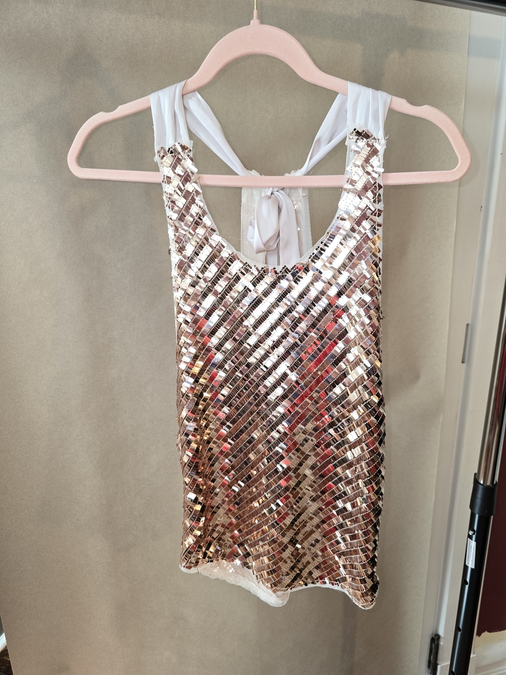 Free People Rose Gold Sequin Camisole with White Tie